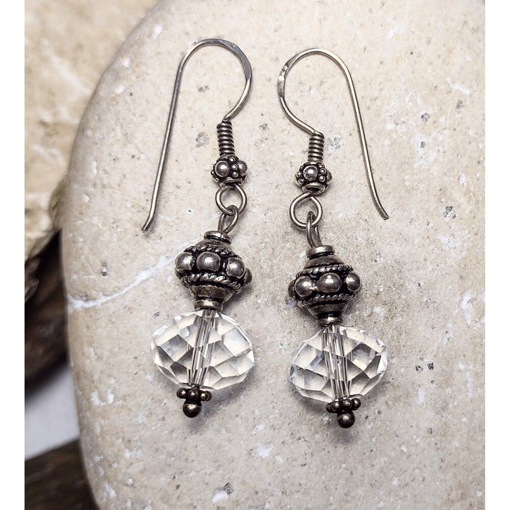 Vintage Crystal Bali Bead Sterling Silver Dangle Earrings